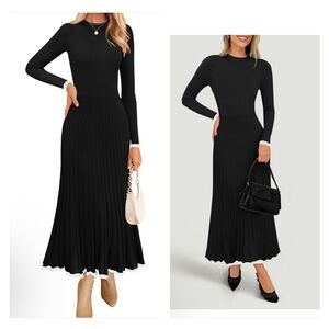 Long Sleeve Sweater Crewneck Ribbed Knit Pleated A-Line Maxi Guest Dresses
